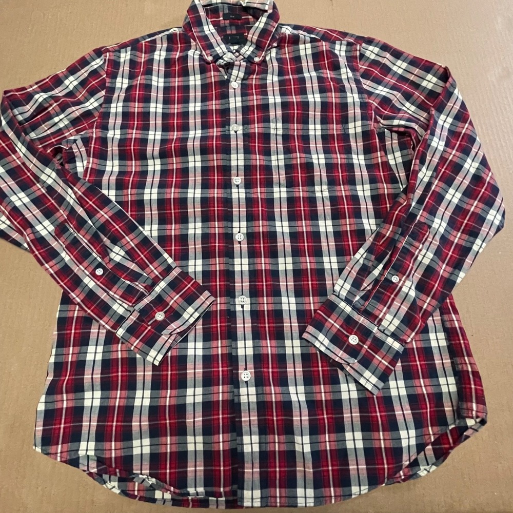 J. Crew Men's Red Navy White Plaid Casual Slim Pocket Button Down Shirt Size M